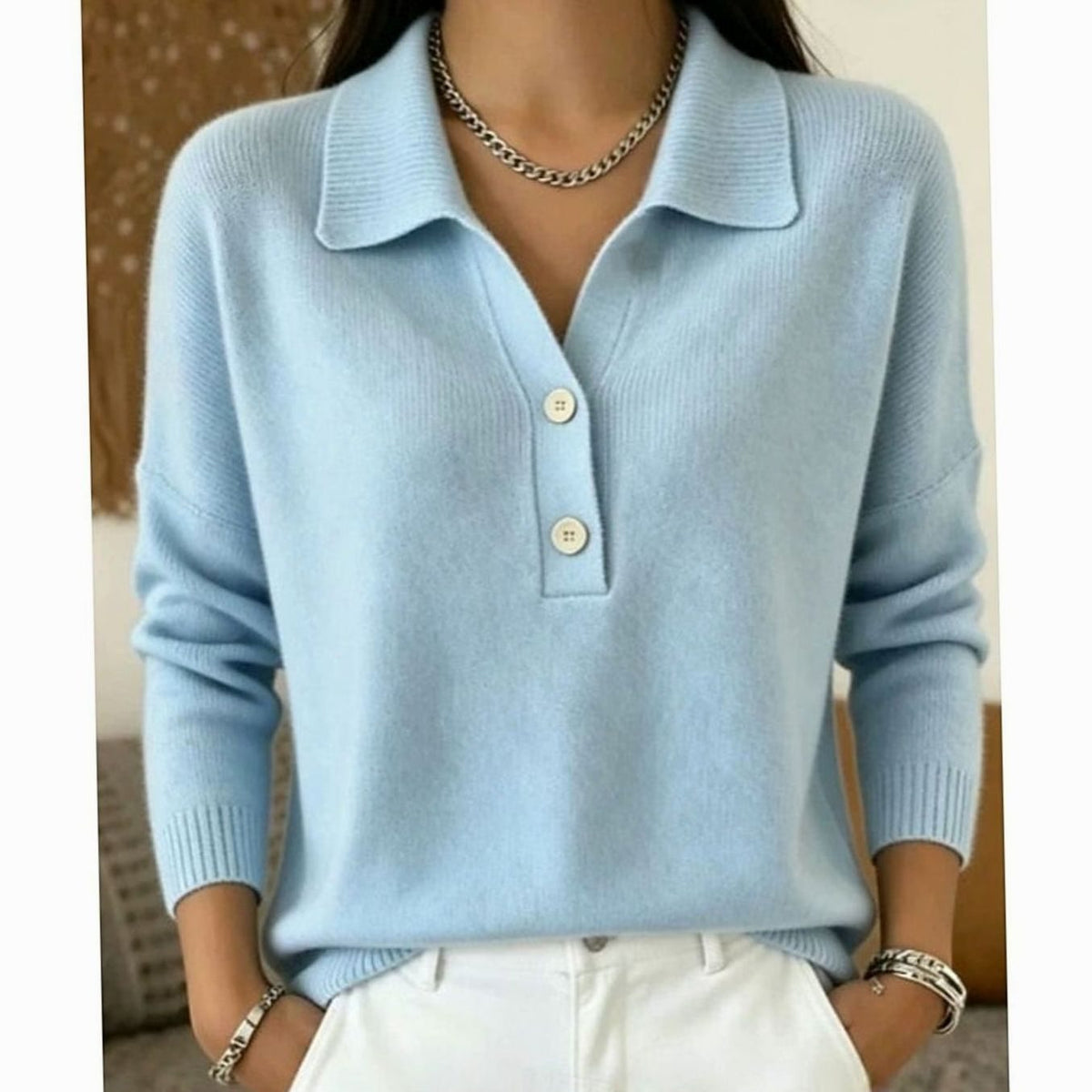 Dame Strikket Pullover med Polokrave og Knapper