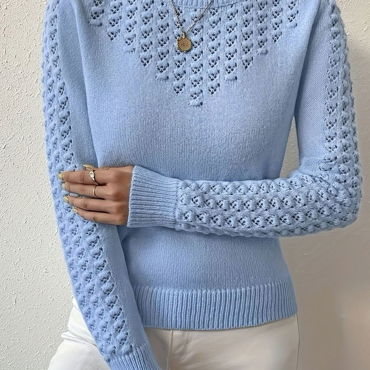 Dame Sweater Pointelle-Strik Rund Hals Langærmet Trøje