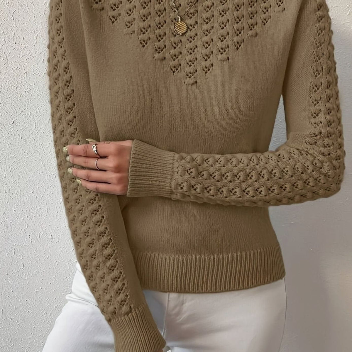 Dame Sweater Pointelle-Strik Rund Hals Langærmet Trøje
