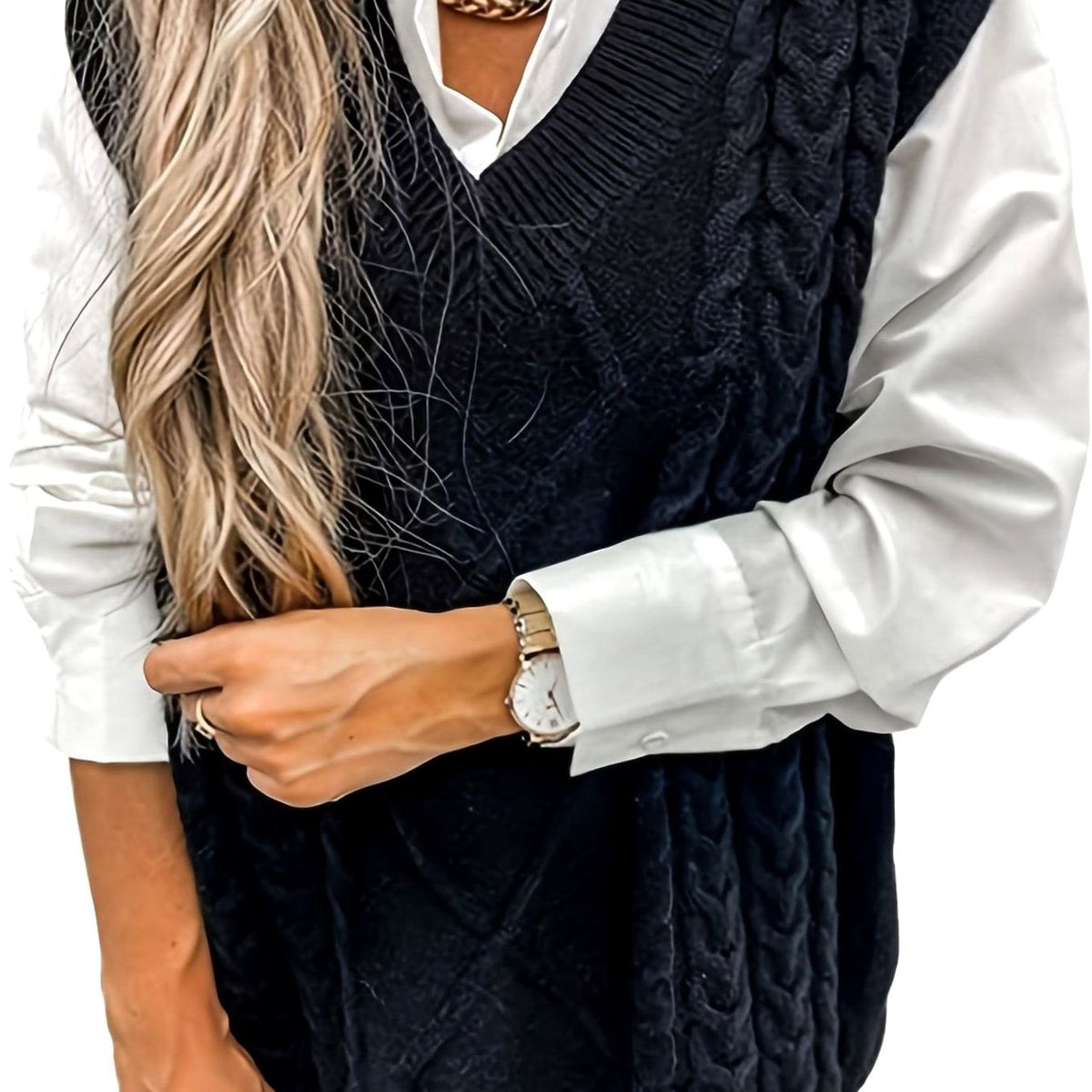 Dame Trøjevest med Cable-Knit Struktur og V-udskæring