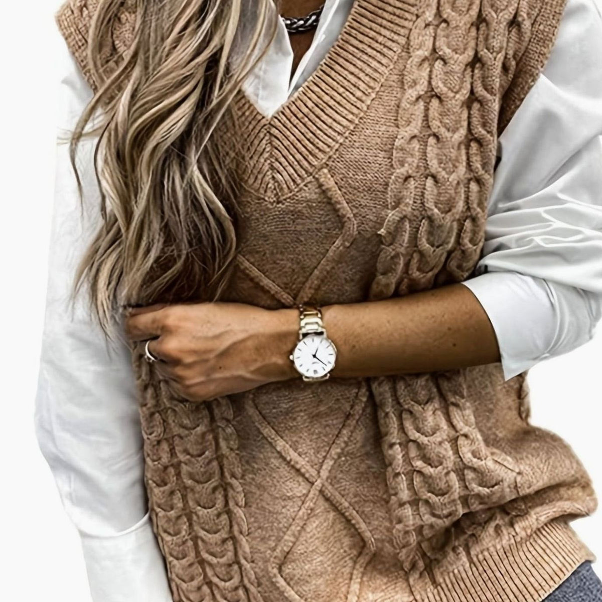 Dame Trøjevest med Cable-Knit Struktur og V-udskæring