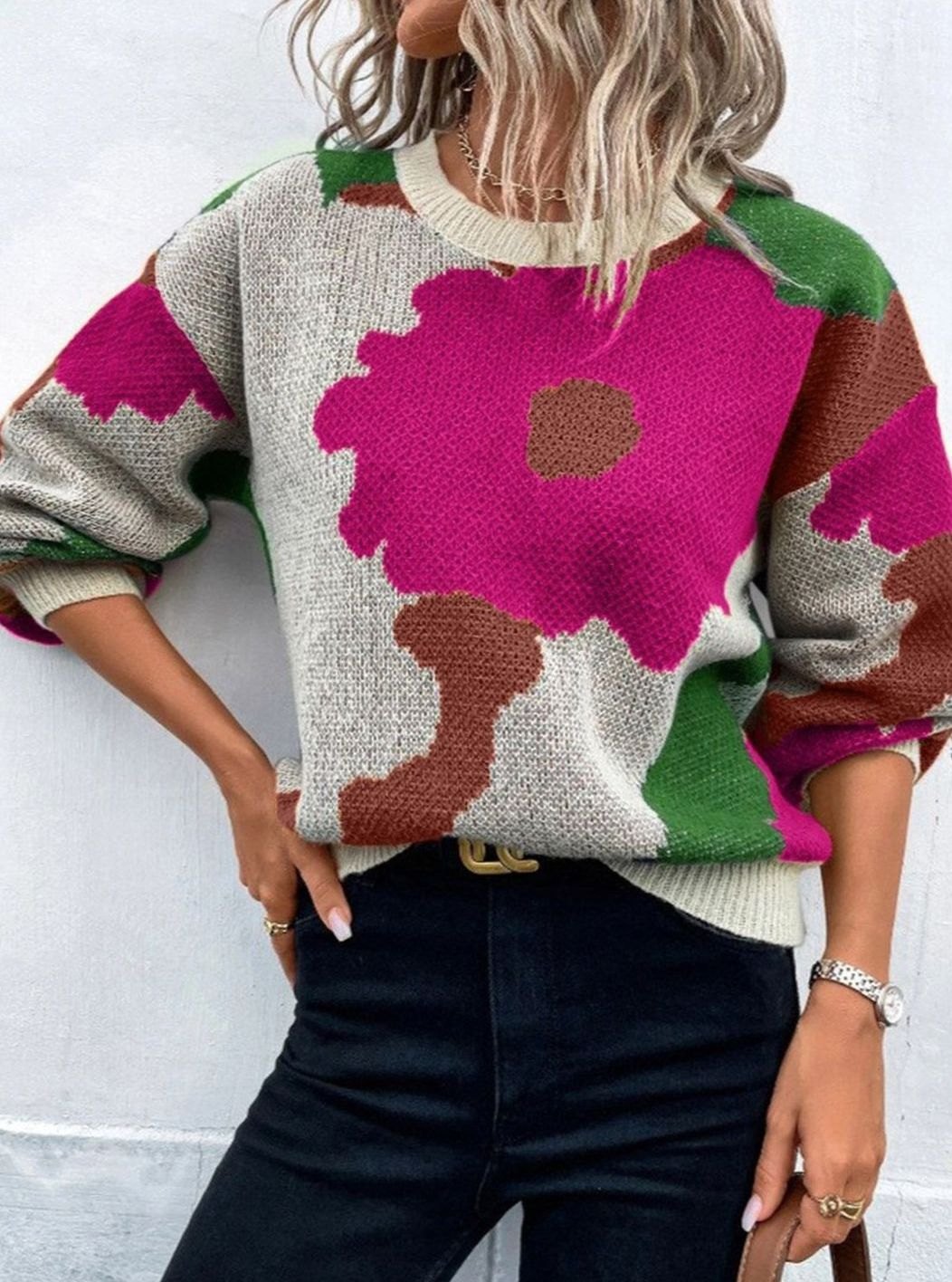 Dame Pullover Blomstret Strik – Løs Pasform