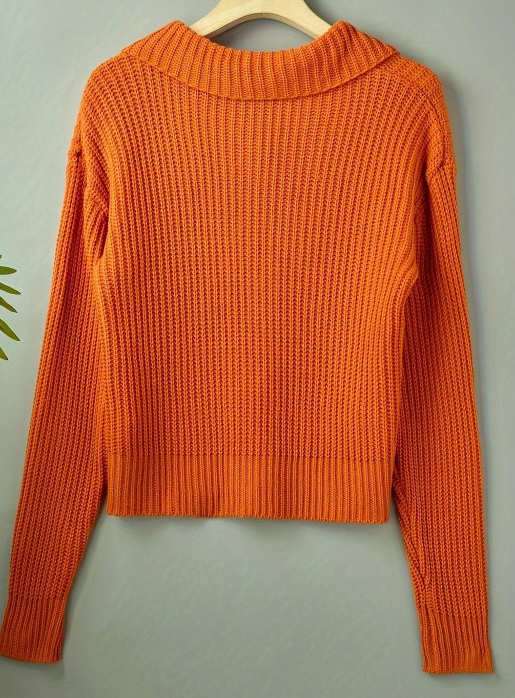 Dame Strikket Sweater Rib med Foldet Krave – Løs Pasform