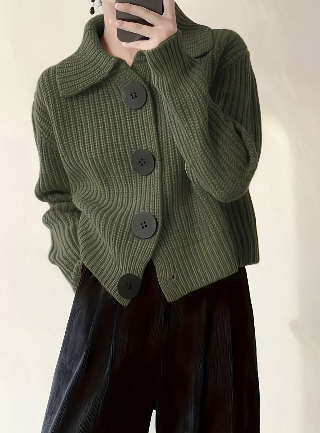 Dame Strikket Sweater Rib med Foldet Krave – Løs Pasform