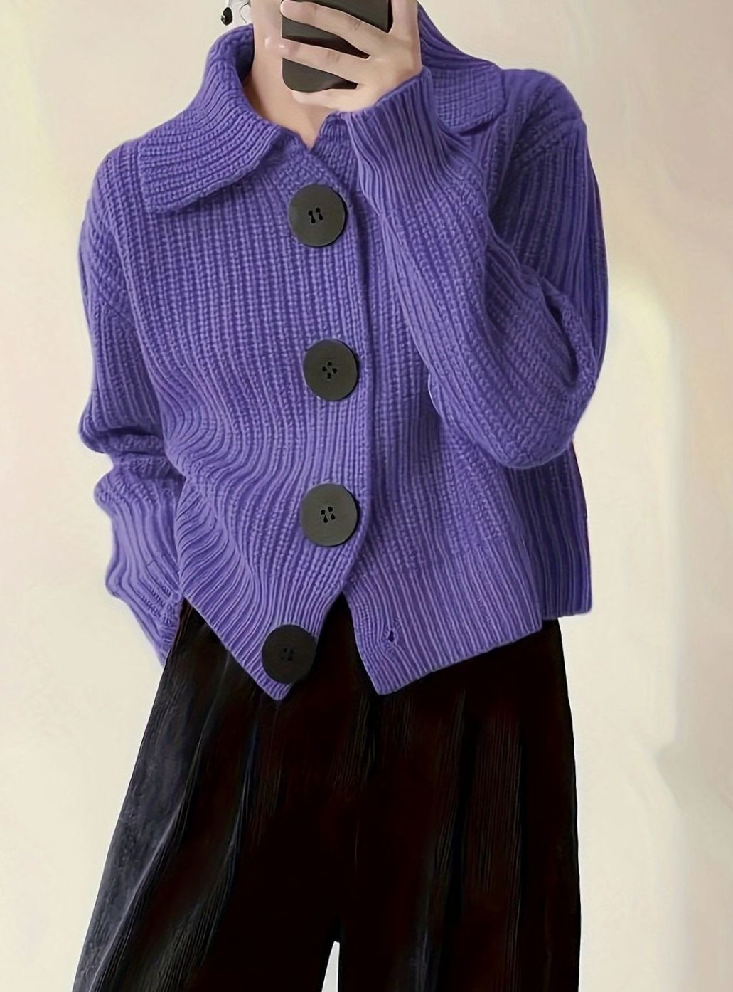Dame Strikket Sweater Rib med Foldet Krave – Løs Pasform