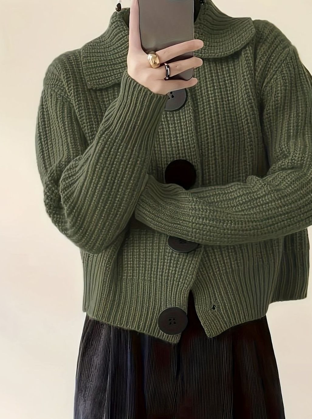 Dame Strikket Sweater Rib med Foldet Krave – Løs Pasform