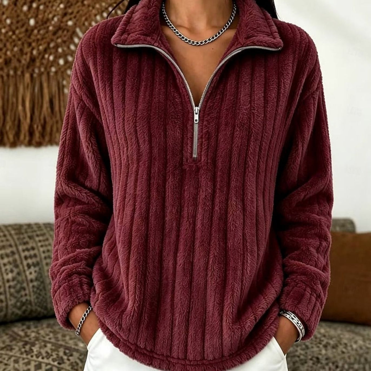 Dame Fleecetrøje med Kort Lynlås – Ribstrikket Pullover