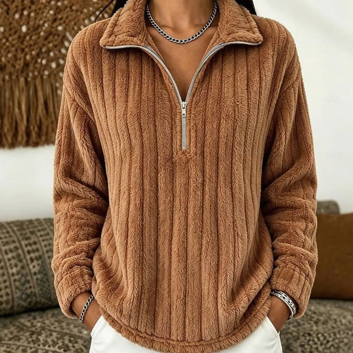 Dame Fleecetrøje med Kort Lynlås – Ribstrikket Pullover