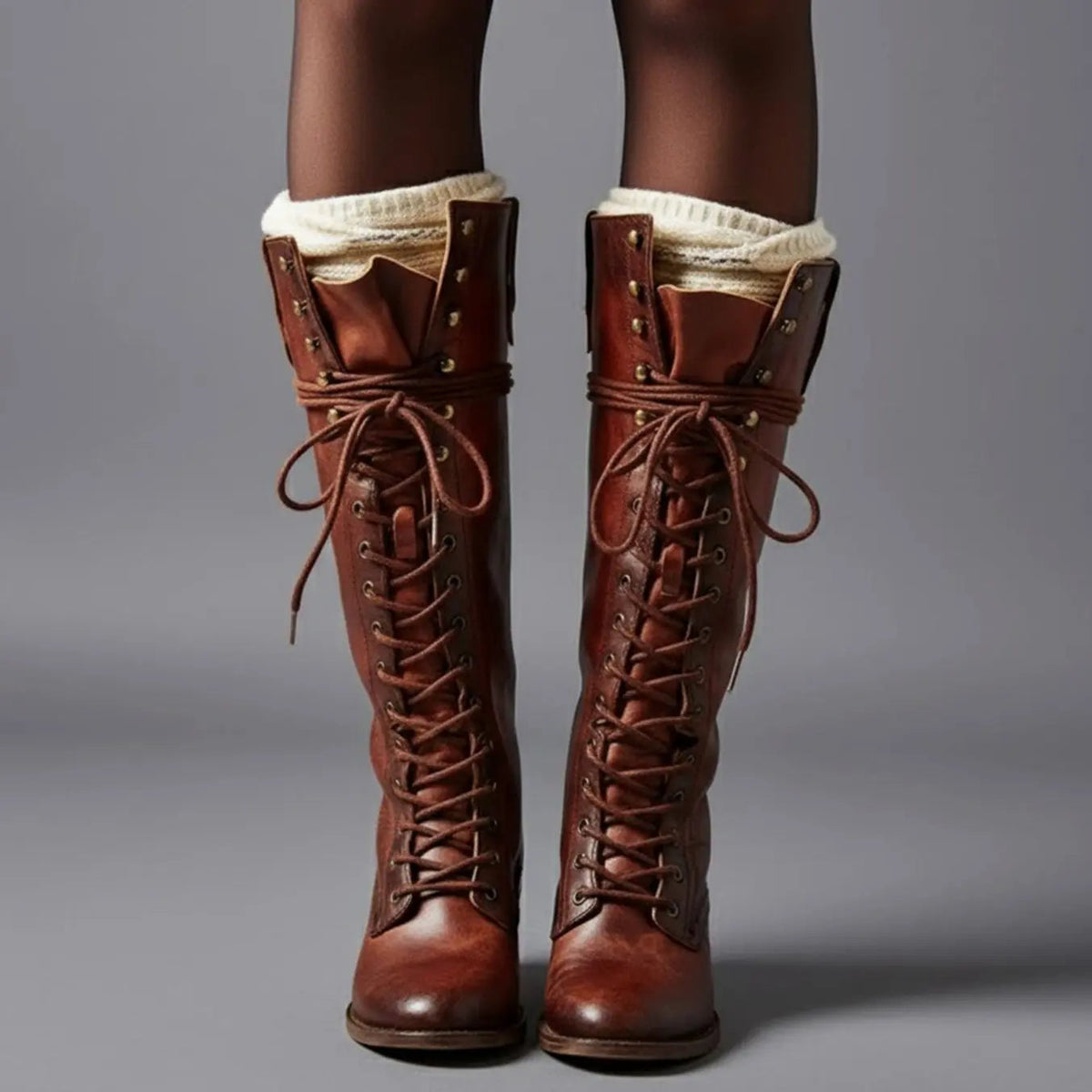 Women's Lace-Up Studded Knee-High Boots Block Heel - Red Brown